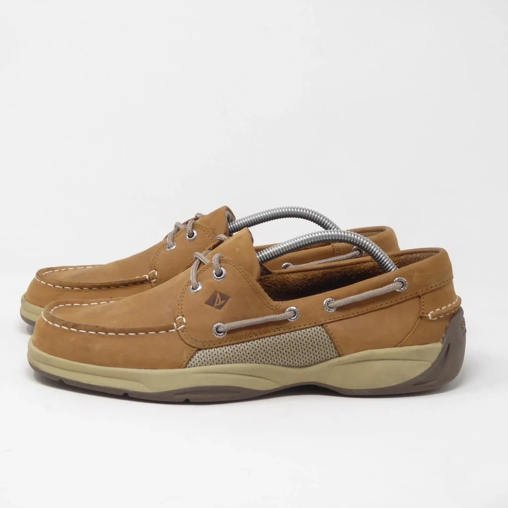 Sperry Mens Intrepid 2-Eye Boat Shoes Tan Leather Mesh STS21592 Size 11
